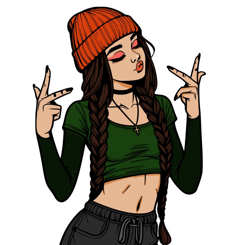 realistic teenage girl with braids and a beanie and crop top doing 🫶🏼