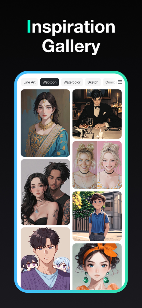insMind: AI Photo Video Studio - insMind app Inspiration Gallery showing various AI generated portrait styles like Webtoon and Line Art