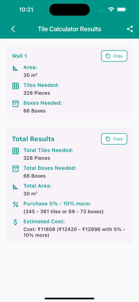 Floor and Wall Tiles Calculator app results screen displaying tiles needed, boxes required, and estimated cost for a project.