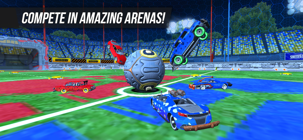 Customizable cars competing in a soccer match inside a large stadium