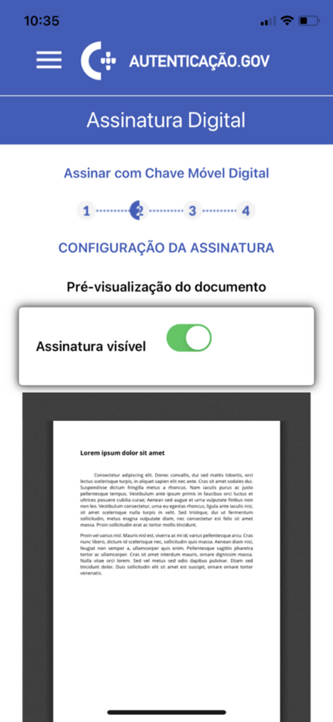 Digital signature configuration screen in the Autenticação Gov app with document preview