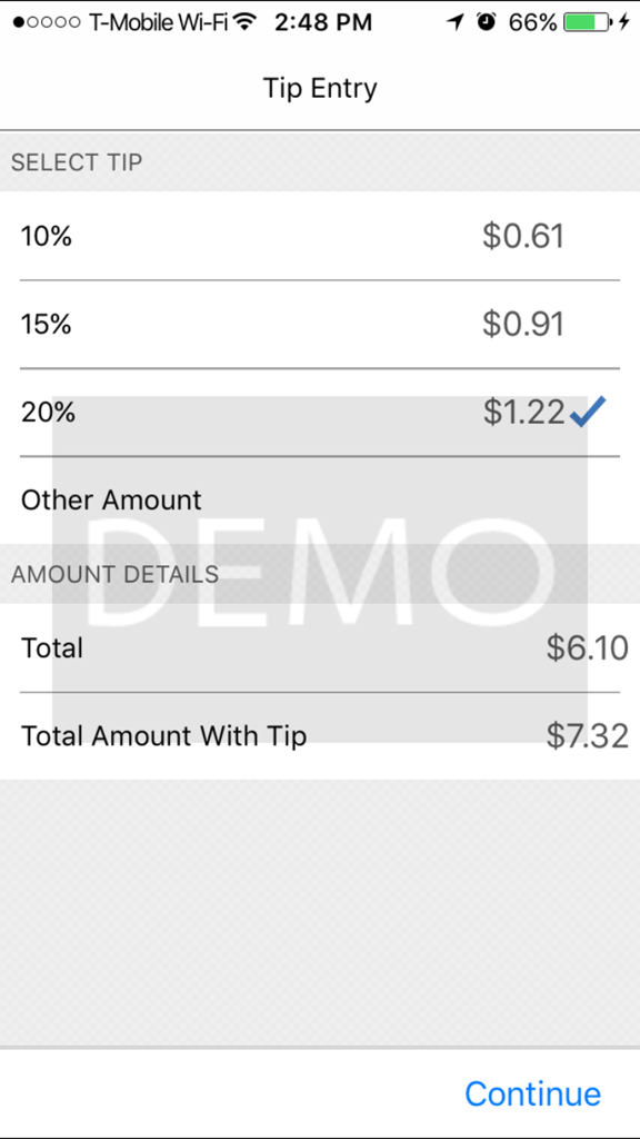 Screenshot of the tip entry screen in the HMP Restaurant app showing tip percentage options and total amount calculation