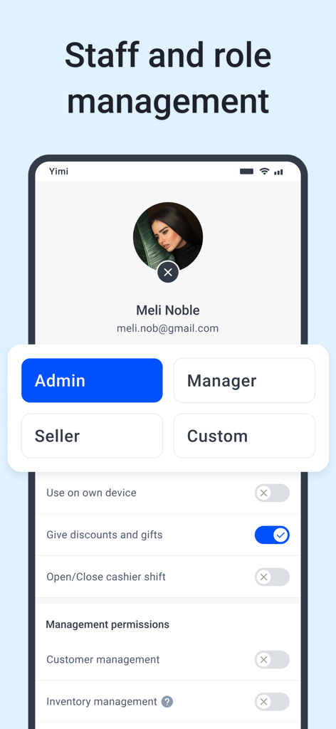 Yimi POS – Sales & Inventory - Yimi POS mobile app screen for staff and role management with user permission toggles