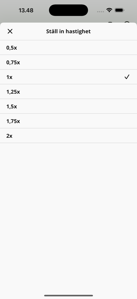 Bokon - Menü zur Auswahl der Wiedergabegeschwindigkeit in der Bokon App mit Optionen von 0,5x bis 2x für schwedische Hörbücher.