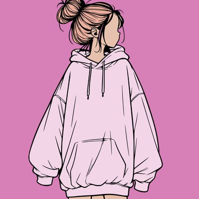 realistic girl with a oversized sweatshirt on and a bun
