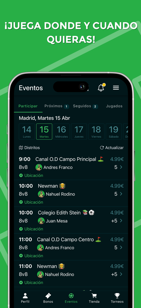 Écran de l'application mobile IF7SPORTS affichant une liste de matchs de soccer amateurs disponibles avec les heures, les lieux et les prix
