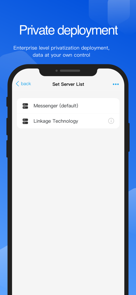 Ant Messenger app interface showing private server deployment settings for enterprise level data control.