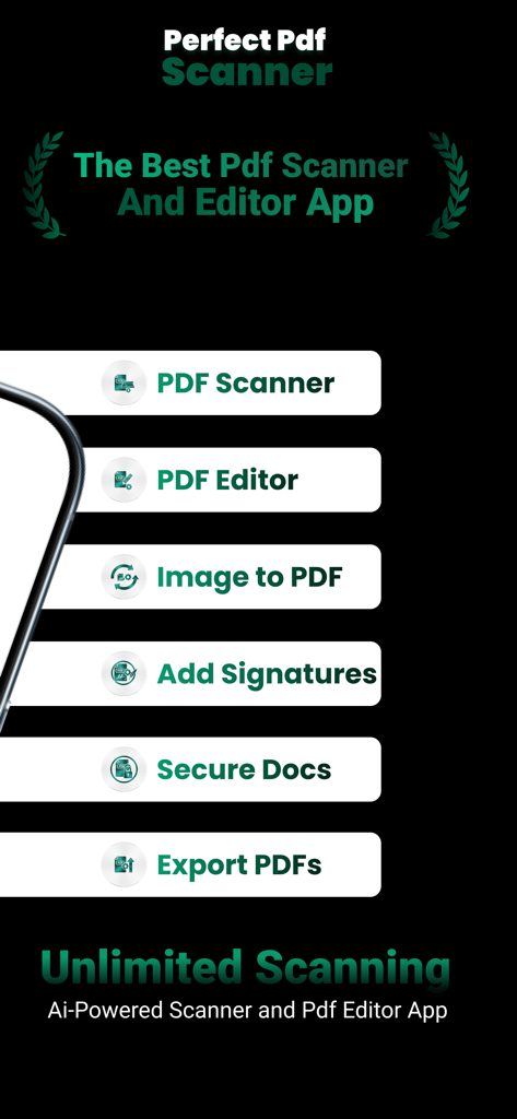 Perfect Pdf Scanner - Captura de pantalla de la aplicación Perfect PDF Scanner mostrando las características como Escáner PDF, Editor PDF, Imagen a PDF, Añadir Firmas, Documentos Seguros y Exportar PDFs