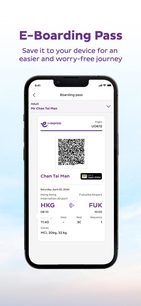 HK Express - A smartphone screen displaying an HK Express e-boarding pass with a QR code and flight details.