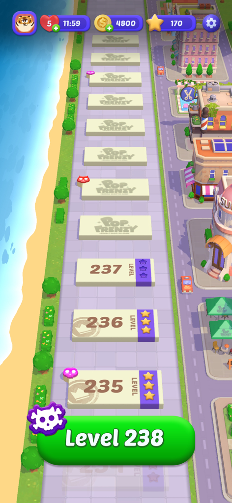 Bubble Shooter - POP Frenzy - Level-Fortschrittskarte in Bubble Shooter POP Frenzy, die abgeschlossene Levels und die Start-Schaltfläche für Level 238 zeigt