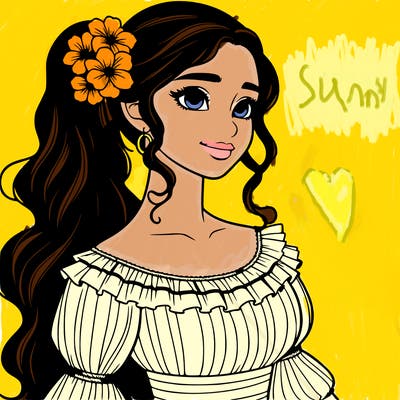 a single latina woman with a side ponytail and a long dress with ruffles. she has a few discreet flowers in her hair. realistic
