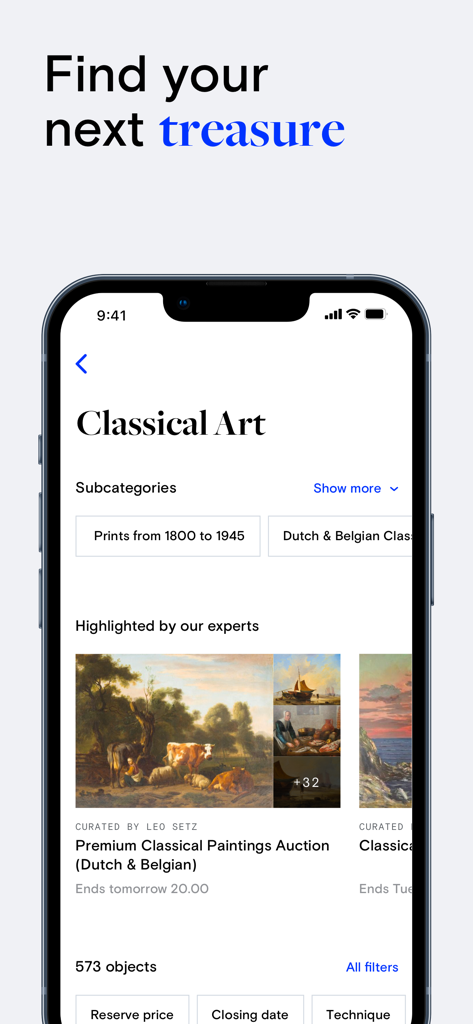 Catawiki app interface showing a classical art auction category with curated oil paintings on a smartphone