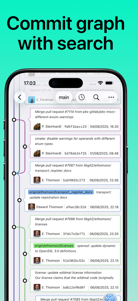 여러 브랜치와 검색 표시줄이 있는 시각적 Git 커밋 그래프를 보여주는 Working Copy iOS 앱 스크린샷