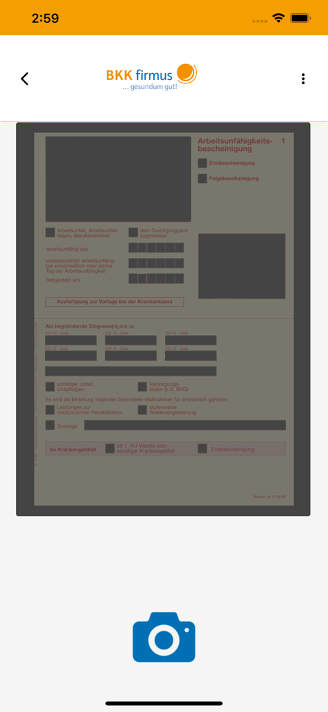 Mobile app interface for scanning and uploading a medical certificate to BKK firmus