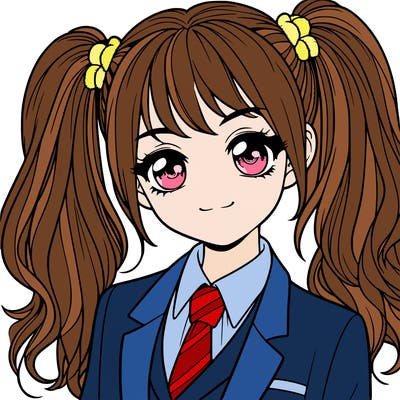 realistic girl with two ponytails and a suit on