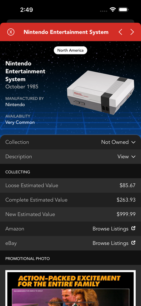 Nintendo Entertainment System hardware information and collector market values displayed in the Ultimate Game Guide app.