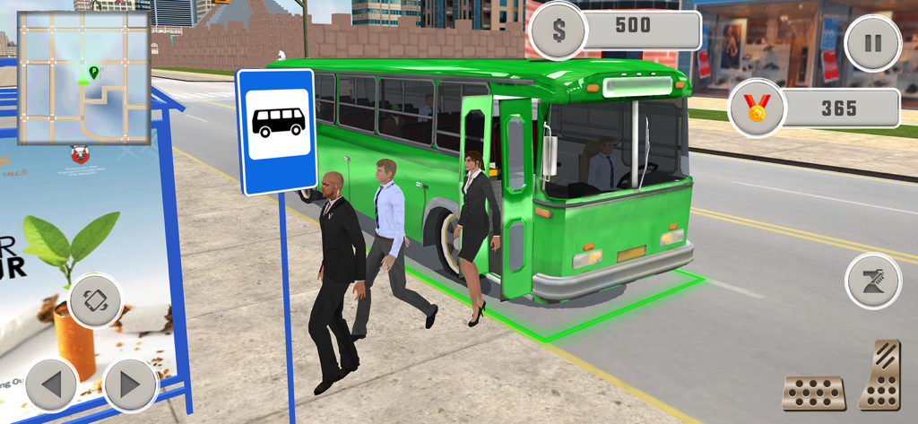 Tourist Passenger Bus Drive - A green city bus at a stop with passengers boarding in the Tourist Passenger Bus Drive game