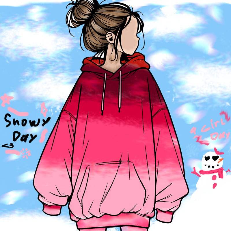 realistic girl with a oversized sweatshirt on and a bun