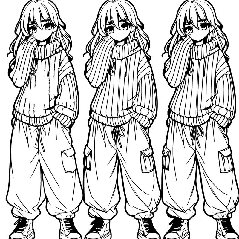 manga teen girl in baggy pants and a sweater