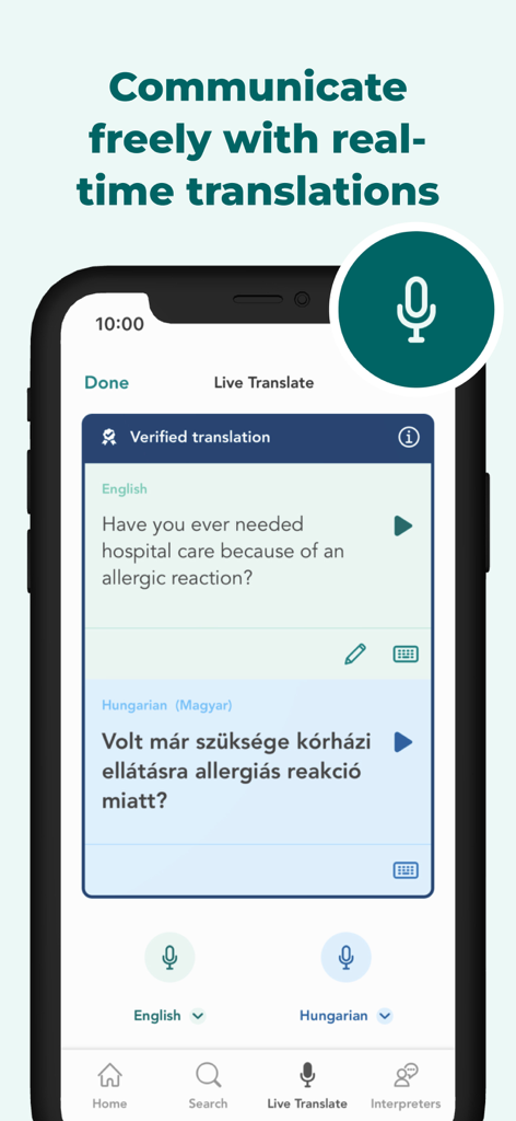 Care to Translate app showing a real-time medical translation interface between English and Hungarian.