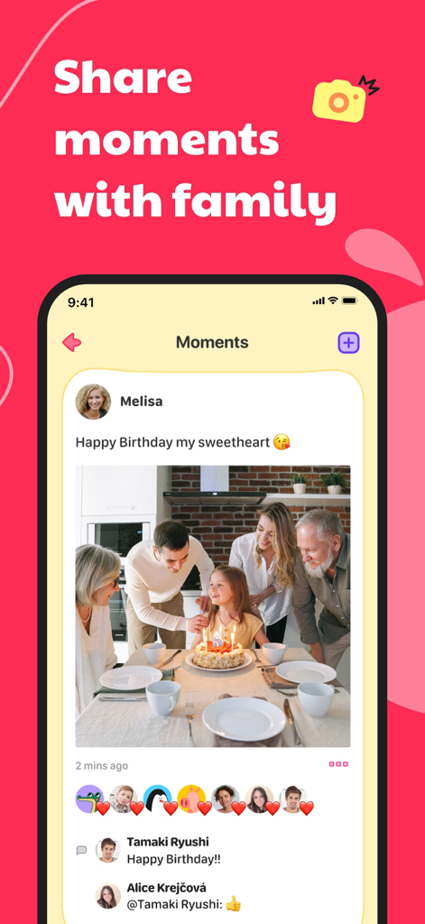 A family sharing a birthday celebration photo in the Moments section of the JusTalk Kids app with reactions and comments.