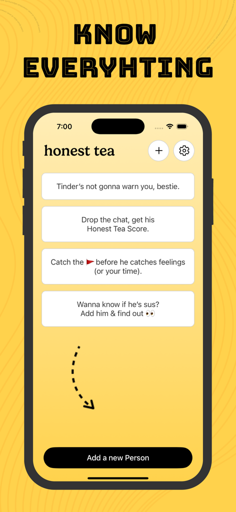 The Honest Tea app home screen highlighting its red flag detection and Honest Tea Score features for women