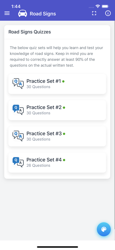 Quebec Class 5 Driving Test - Ensembles de quiz pratiques sur les panneaux routiers dans l'application de test de conduite du Québec.