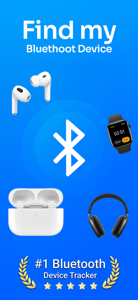 BlueX Bluetooth Device Finder app interface for tracking lost AirPods and Apple Watch