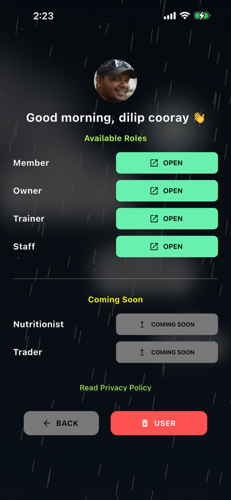 Gym Master dashboard showing available user roles including Member, Owner, Trainer, and Staff
