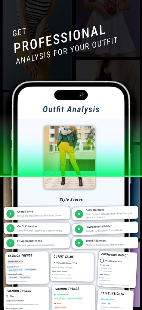 FitCheck App-Bildschirm zeigt professionelle KI-Outfit-Analyse und detaillierte Stilbewertungen
