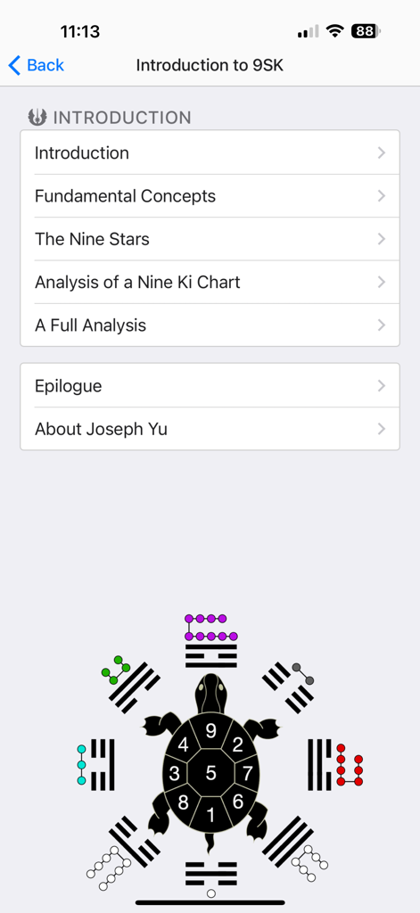 Menu de introdução do aplicativo Nove Estrelas Ki de Astrologia apresentando um diagrama de tartaruga Luo Shu.