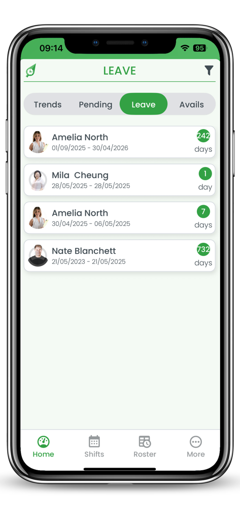 RosterElf mobile app leave management dashboard showing employee time off requests and durations