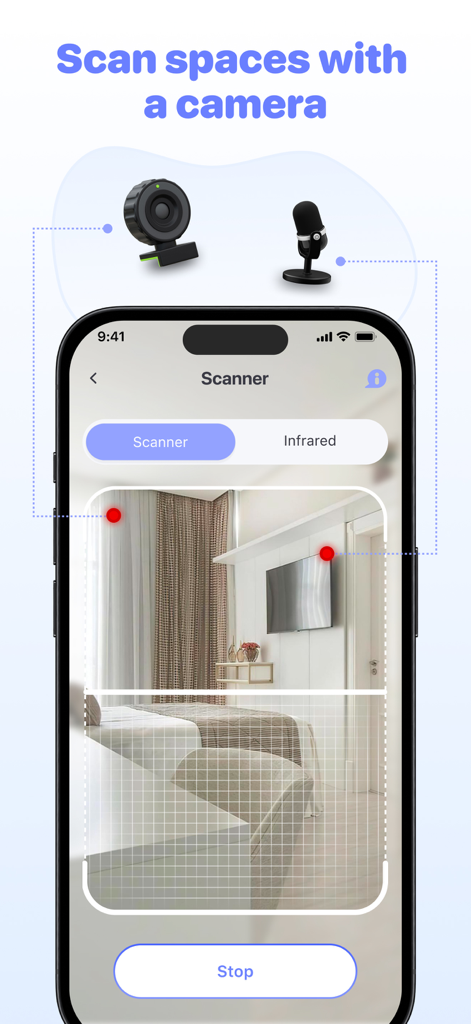 Mobile app interface scanning a bedroom for hidden cameras and microphones with highlighted detection points.