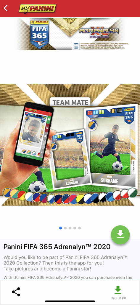 Smartphone-Bildschirm, der die Anpassung einer personalisierten Fußball-Sammelkarte in der MyPanini-App zeigt