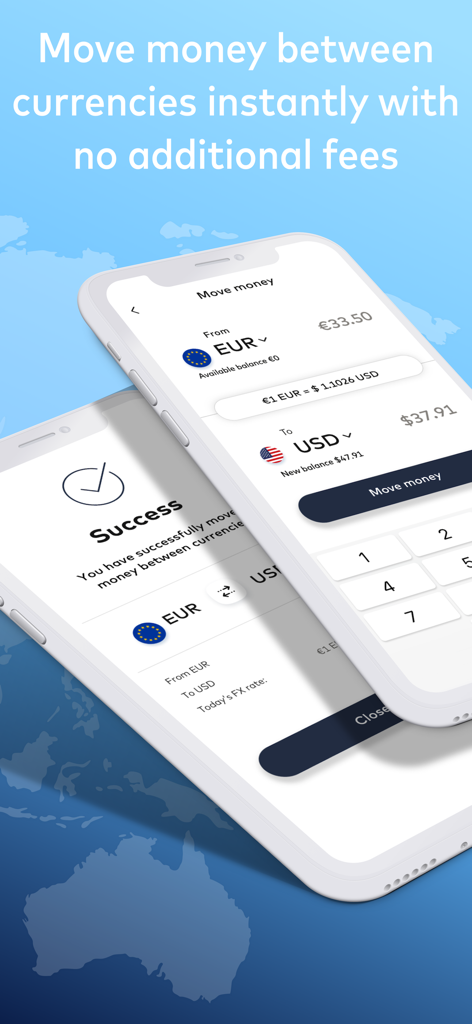 Instant currency transfer between Euro and US Dollar on the Cash Passport app