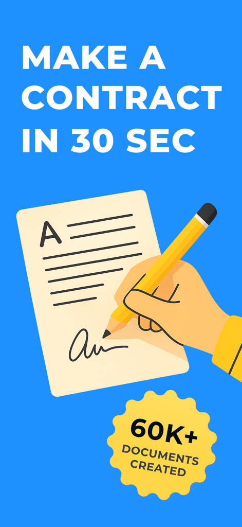 Contract Maker: Legal Draft - 30秒で契約書を作成できると書かれたテキストで、書類に署名している手のイラスト。