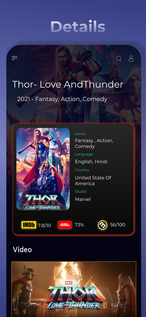 Detailed movie information for Thor Love and Thunder in the MyFlix app including ratings and video
