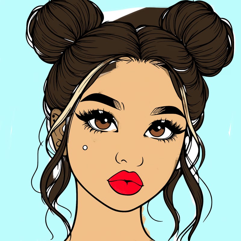 realistic girl with two buns on her hair and lips