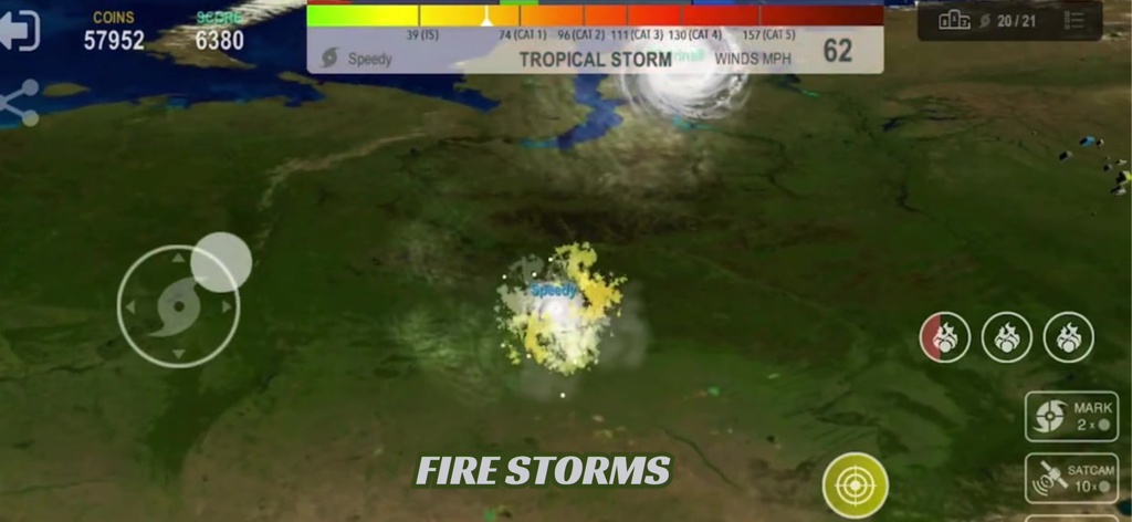 Gameplay of Hurricane.io showing a tropical storm with fire storm special powers over a world map