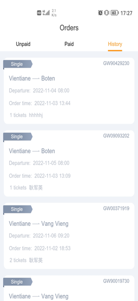 LCR Ticket - LCR Ticket app order history screen showing past train reservations between Vientiane Boten and Vang Vieng