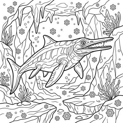 Explore the depths of a frozen prehistoric ocean with this captivating Leptopterygius coloring page. Immerse yourself in a dynamic winter wonderland scene, perfect for fans of ancient creatures and icy landscapes.