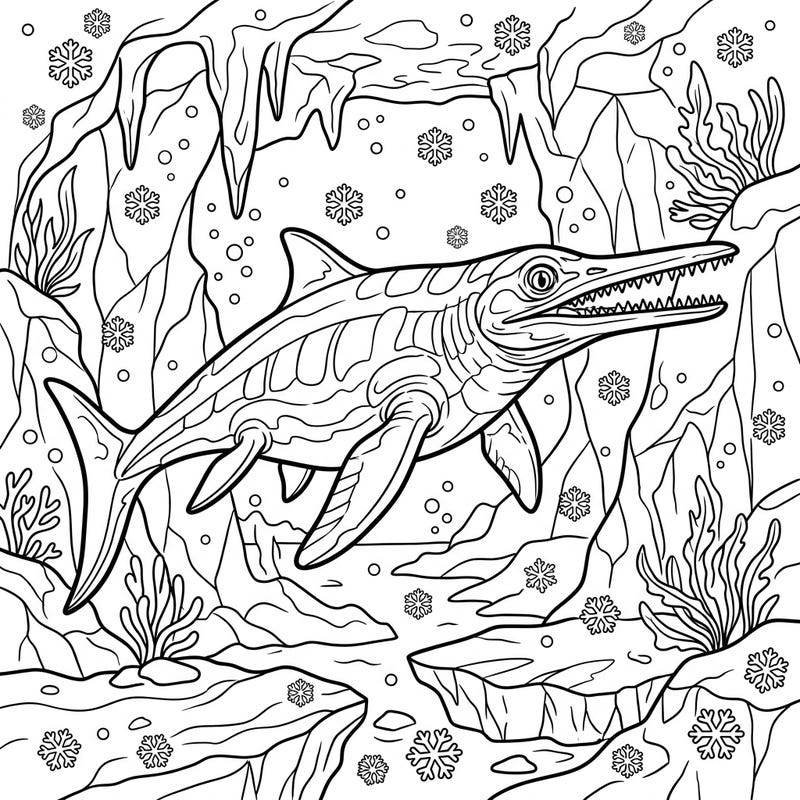 Explore the depths of a frozen prehistoric ocean with this captivating Leptopterygius coloring page. Immerse yourself in a dynamic winter wonderland scene, perfect for fans of ancient creatures and icy landscapes.