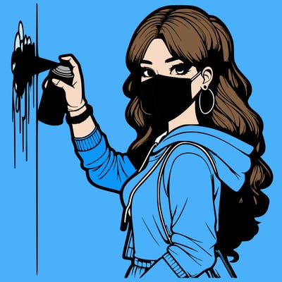 realistic girl with mask spray painting a wall