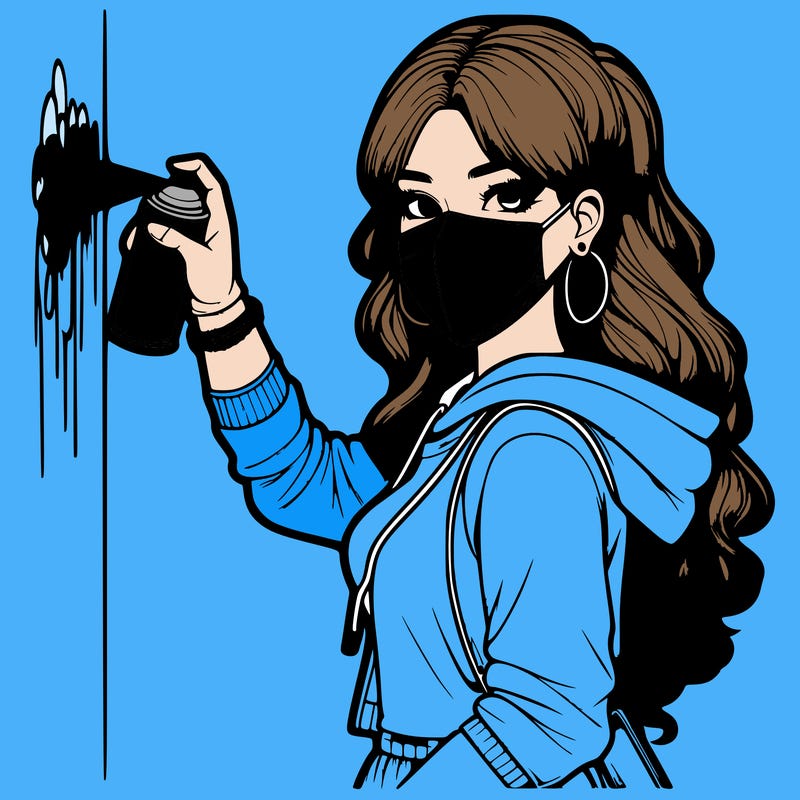 realistic girl with mask spray painting a wall