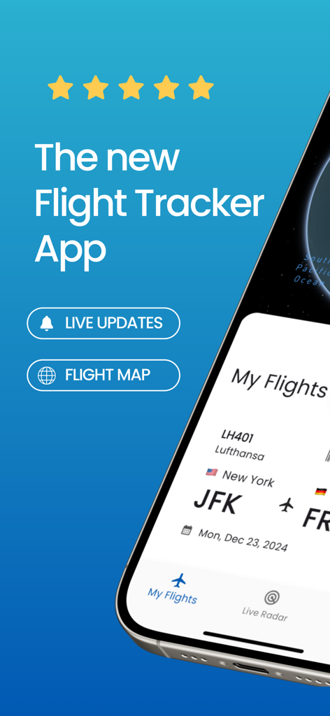 Flight Tracker app interface with live updates and flight map features.