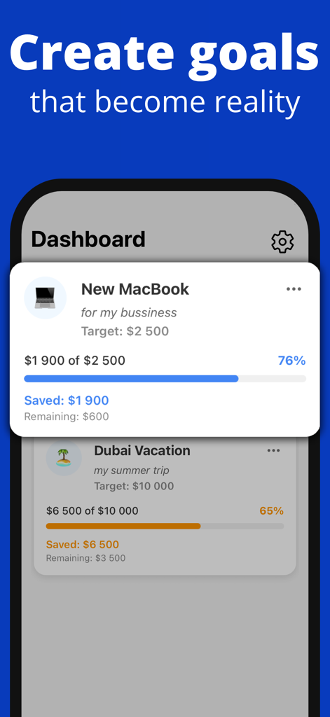 Savings Tracker - Money Goals - Interface de l'application Suivi d'épargne montrant des barres de progression financière pour un nouveau MacBook et des vacances d'été