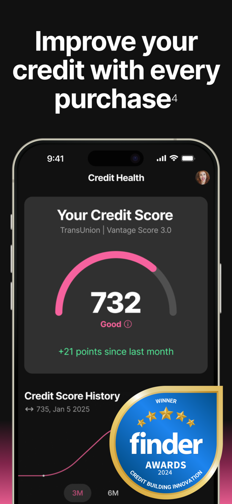 Step: Borrow & Build Credit - Step 모바일 앱 신용 건강 화면에 732점의 신용 점수와 2024 혁신상 배지 표시