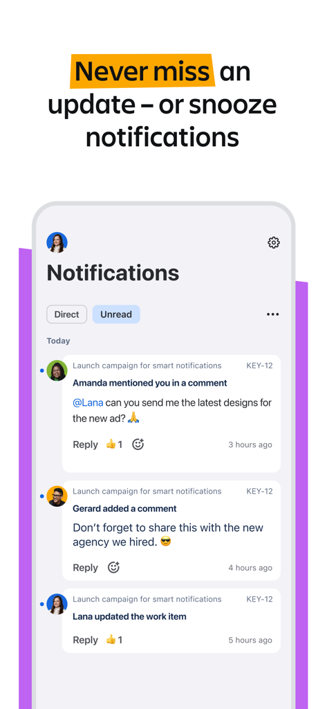 Jira Cloud by Atlassian - Jira Cloud Mobile-App mit einem Feed von Projektbenachrichtigungen und Kommentaren