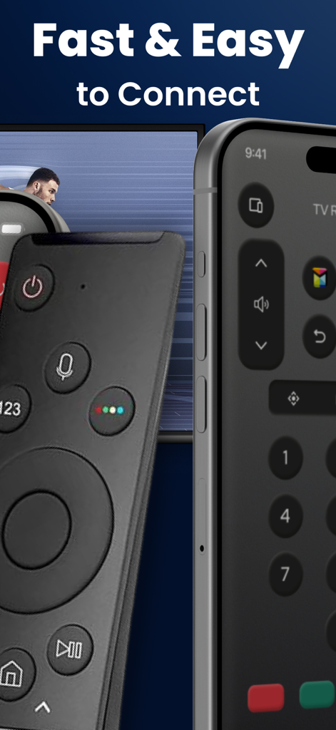 Samsung Remote Smart TV・Things - Interface d'iPhone montrant une télécommande numérique à côté d'une télécommande physique Samsung TV avec le texte Connexion rapide et facile