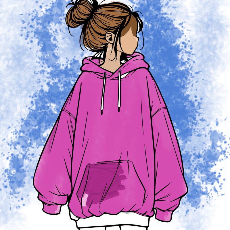 realistic girl with a oversized sweatshirt on and a bun